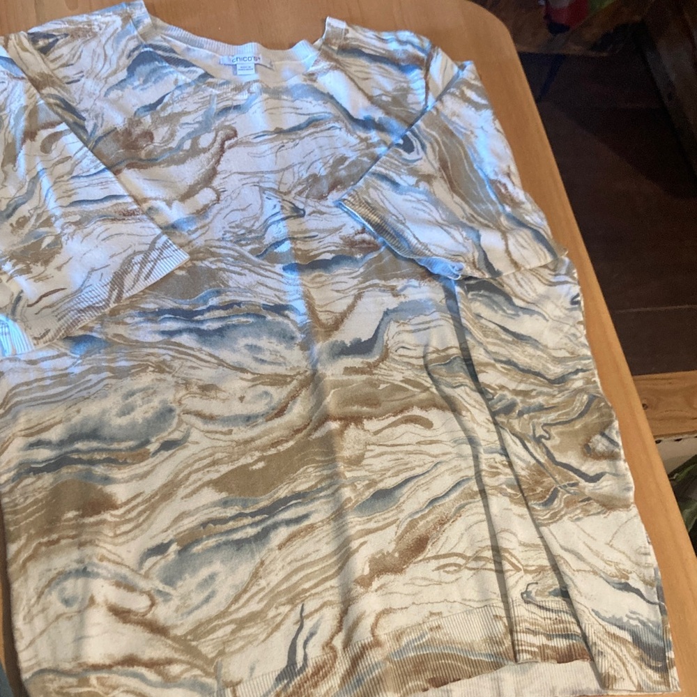 Chico's Abstract Patterned Top in Blue and Tan